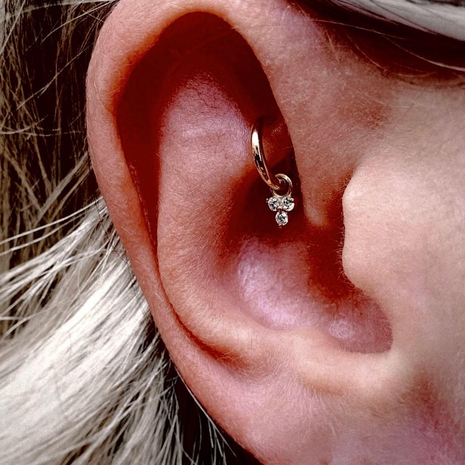 Flor single 9k solid yellow gold tiny 3 crystal charm for hinged segment earring - Helix & Conch
