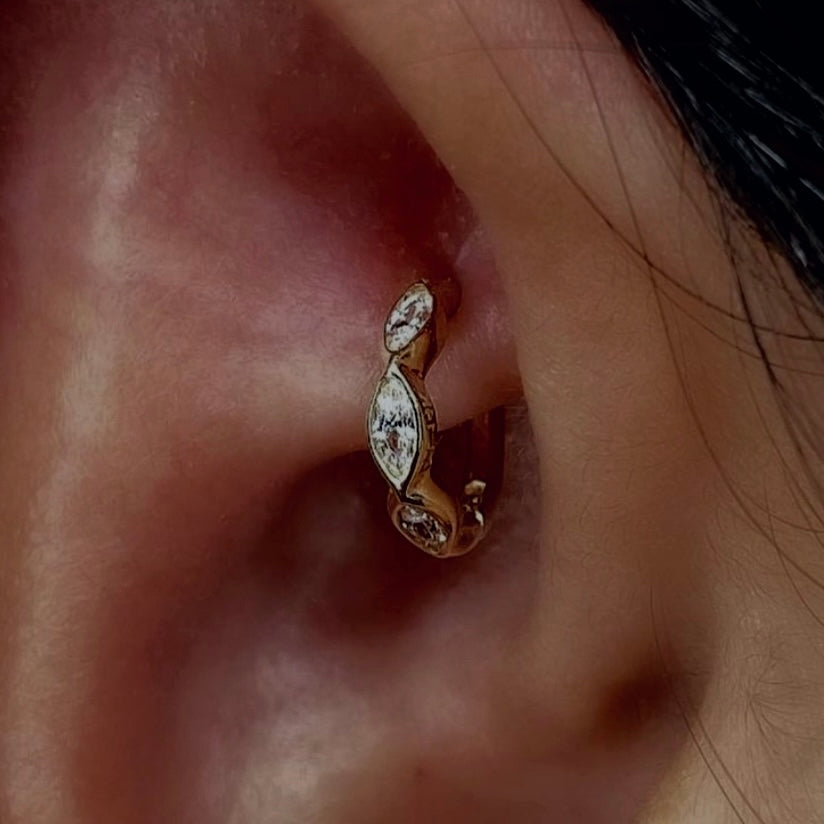 Tiare 9k medium solid yellow gold hinged single hoop earring with marquise cut crystals - Helix & Conch