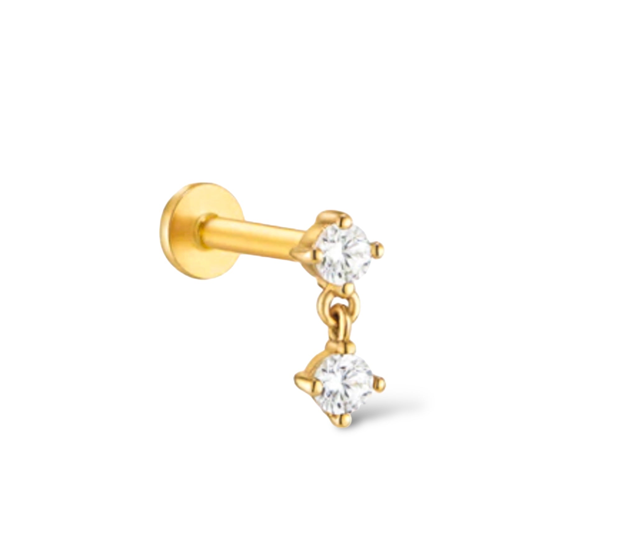 Aro 14k solid yellow gold internally threaded hanging double gem single labret stud - Helix & Conch