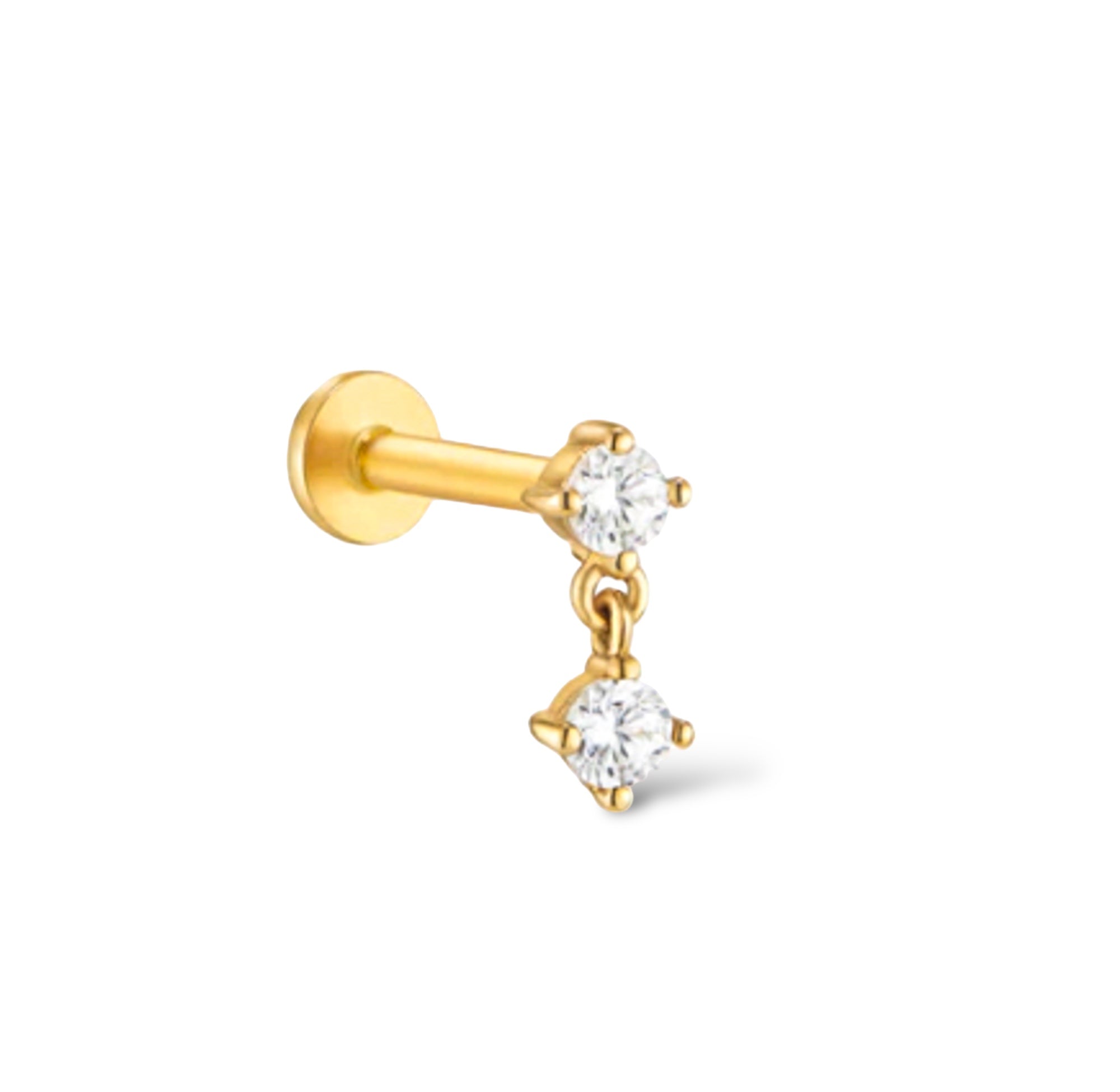Aro 14k solid yellow gold internally threaded hanging double gem single labret stud - Helix & Conch