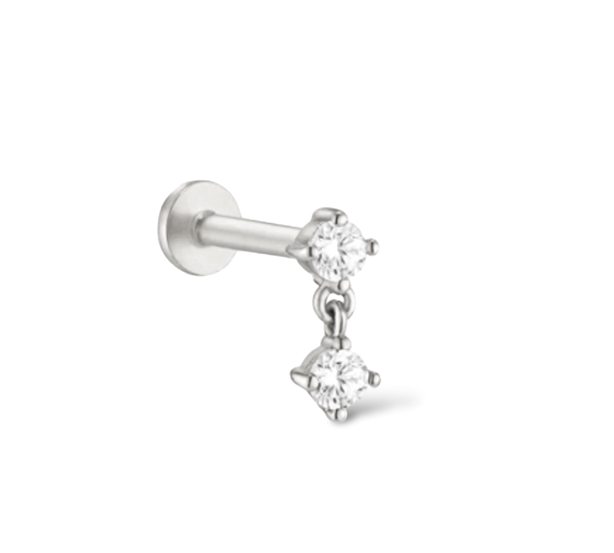 Aro 14k solid white gold internally threaded hanging double gem single labret stud - Helix & Conch