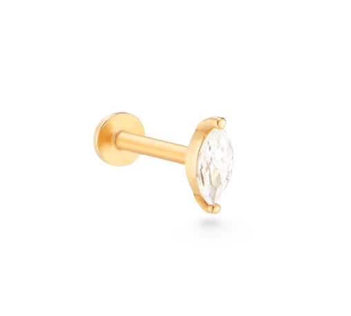 Navette 14k solid yellow gold solitaire Marquise internally threaded single labret stud - Helix & Conch