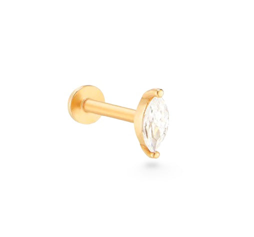Navette 14k solid yellow gold solitaire Marquise internally threaded single labret stud