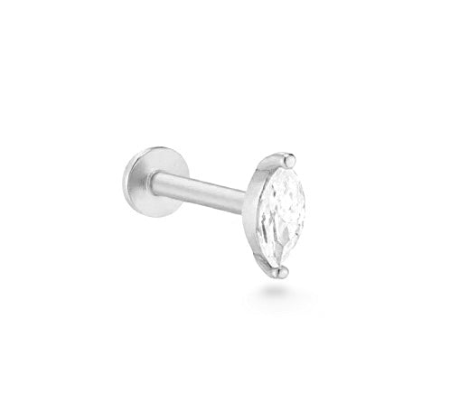 Navette 14k solid white gold solitaire Marquise internally threaded single labret stud - Helix & Conch