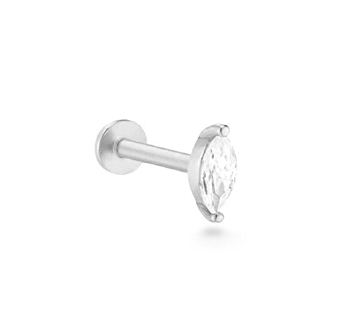 Navette 14k solid white gold solitaire Marquise internally threaded single labret stud