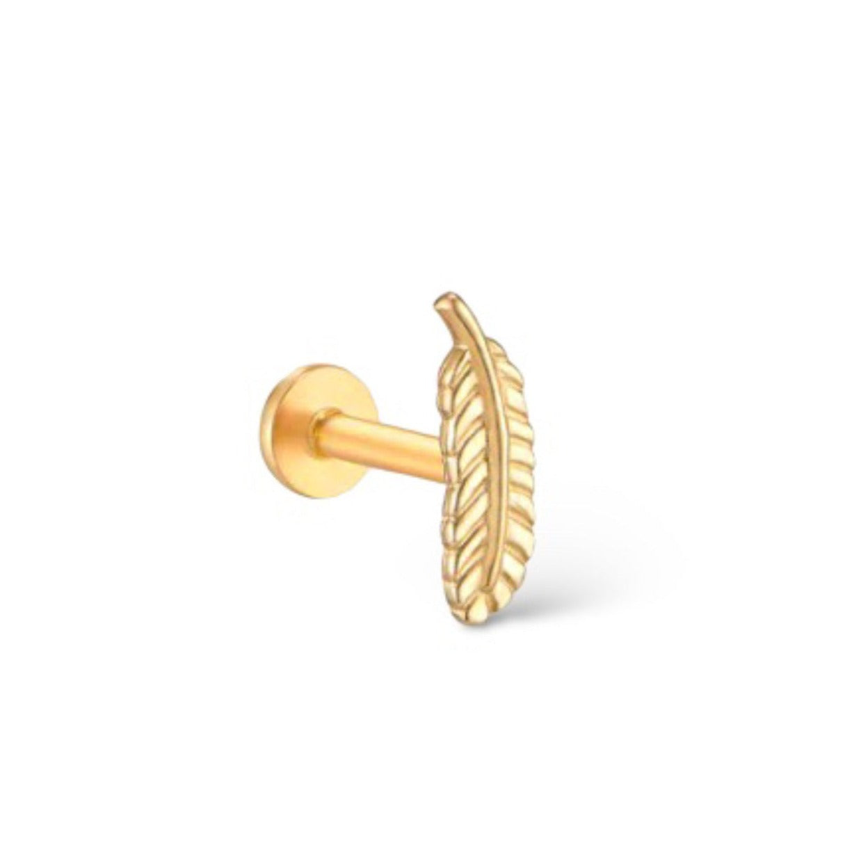 Pluma 14k solid yellow gold feather internally threaded single labret stud - Helix & Conch