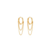 Coevo 14k solid yellow gold tiny single huggie earring with double chain