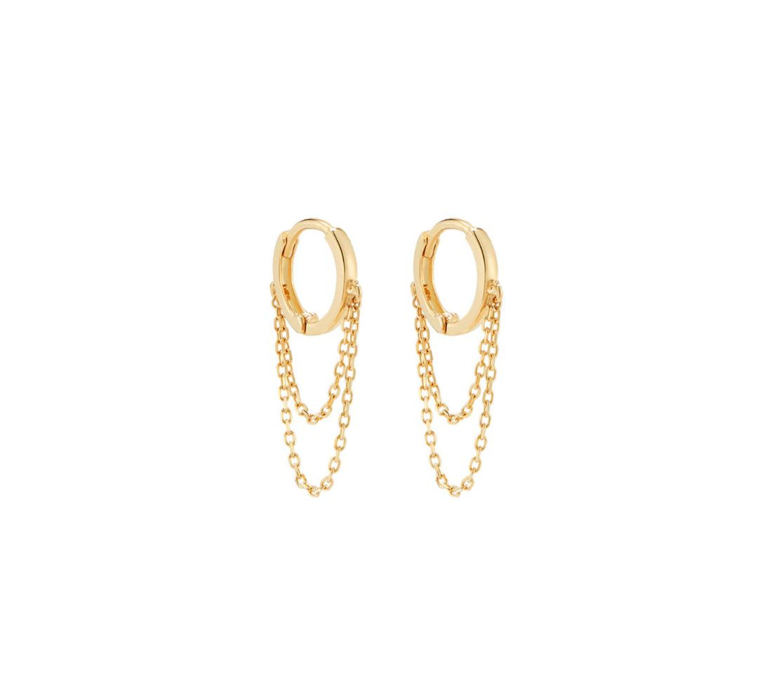 Coevo 14k solid yellow gold tiny single huggie earring with double chain