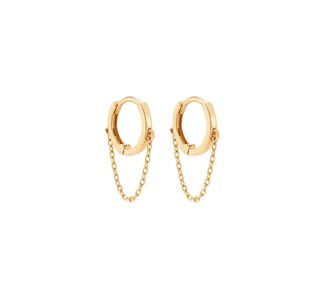 Coevo 14k solid yellow gold single huggie hoop earring with single chain