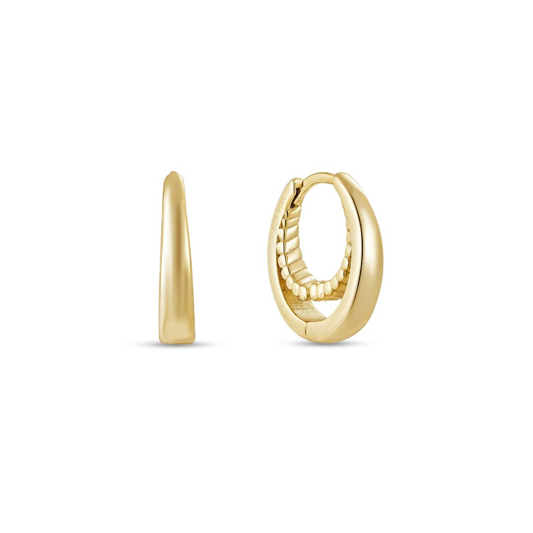 A pair of yellow gold plated hoop earrings with a textured design, suspended within a simple graduated hoop, on a white background.