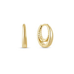 A pair of yellow gold plated hoop earrings with a textured design, suspended within a simple graduated hoop, on a white background.