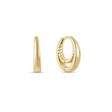 A pair of yellow gold plated hoop earrings with a textured design, suspended within a simple graduated hoop, on a white background.
