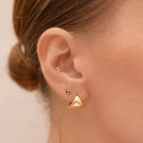 Gold triangle earring worn by a person with a neutral background