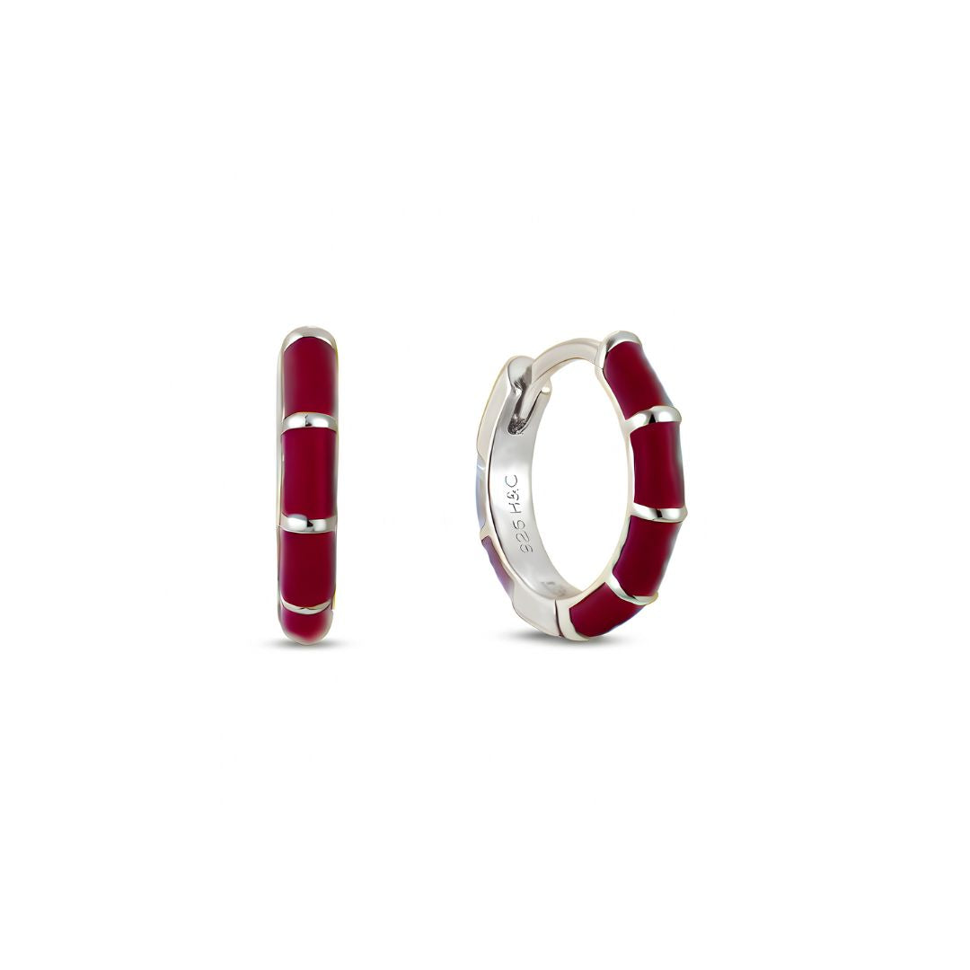 Silver hoop earrings with burgundy enamel 