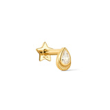 A pear shaped yellow gold stud earring with a bezel set crystal and milgrain detail, part of the Verso Collection.