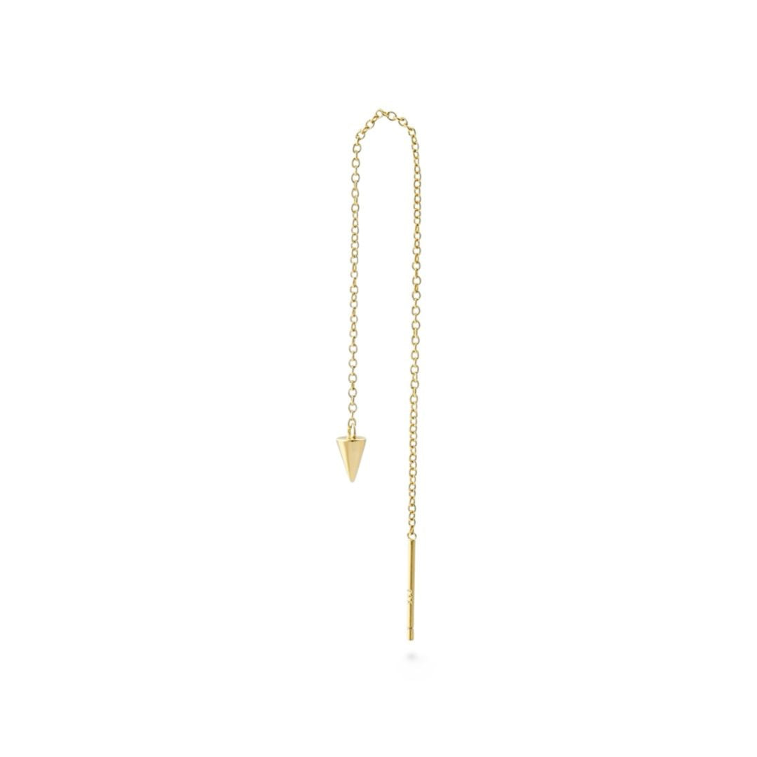 A single yellow gold spike threader earring with a long chain and a triangular spike at the end, displayed against a white background.