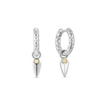 A white gold plated hoop earring with an opal charm attached to a hammer-textured hoop.