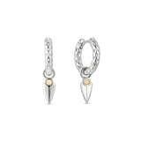 A white gold plated hoop earring with an opal charm attached to a hammer-textured hoop.