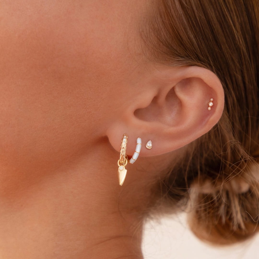 close up of ear with gold earring stack