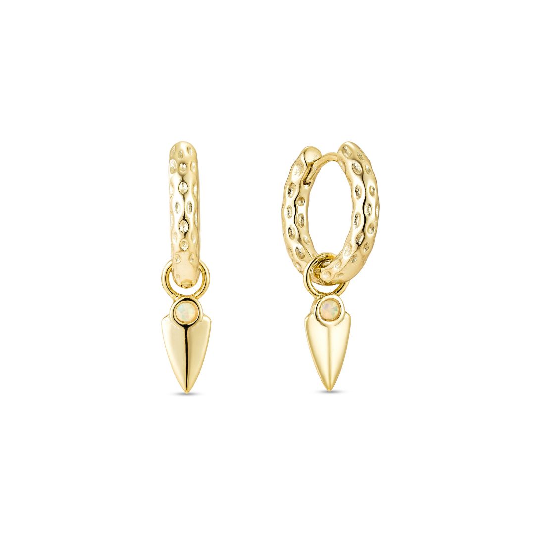 A single yellow gold plated hoop earring with an opal charm attached, displayed against a white background.