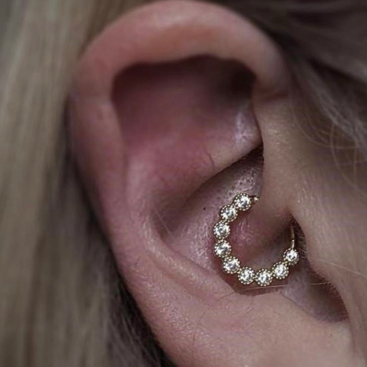 Reine 9k solid yellow gold milgrain set hinged Daith single earring - Helix & Conch