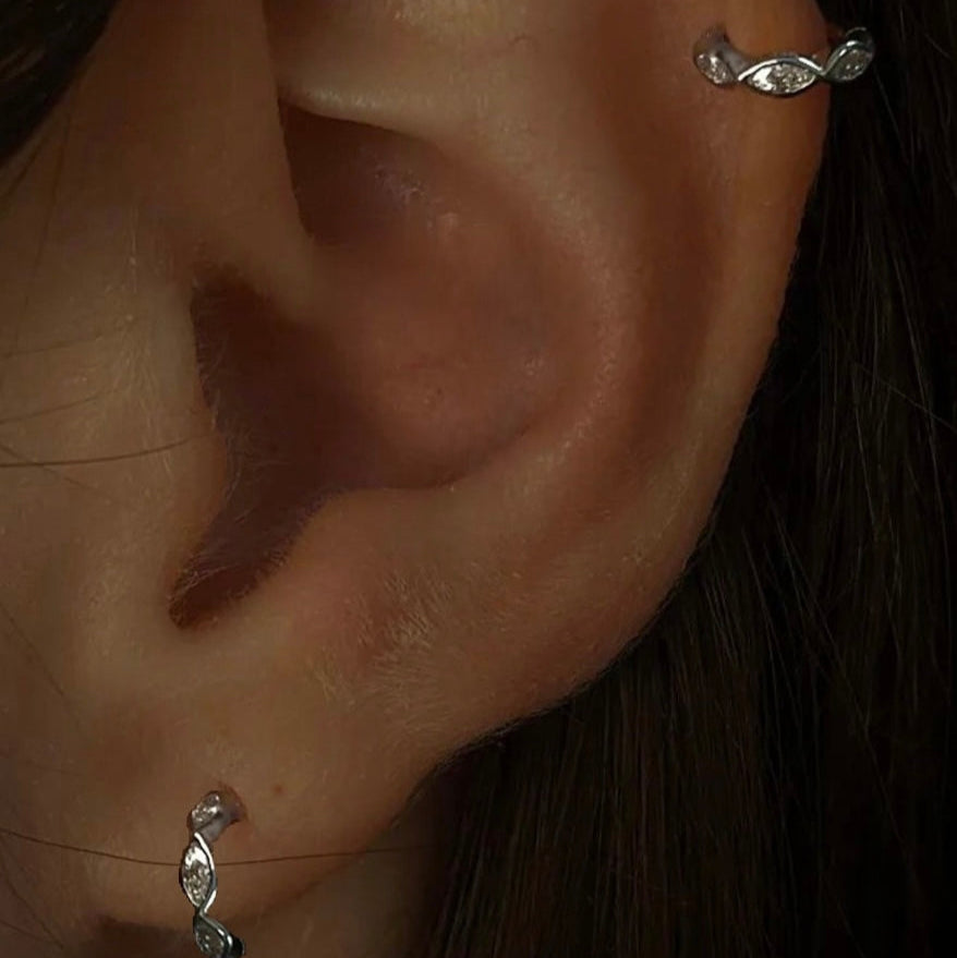Tiare tiny 9k solid white gold marquise cut crystal single huggie hoop earring - Helix & Conch