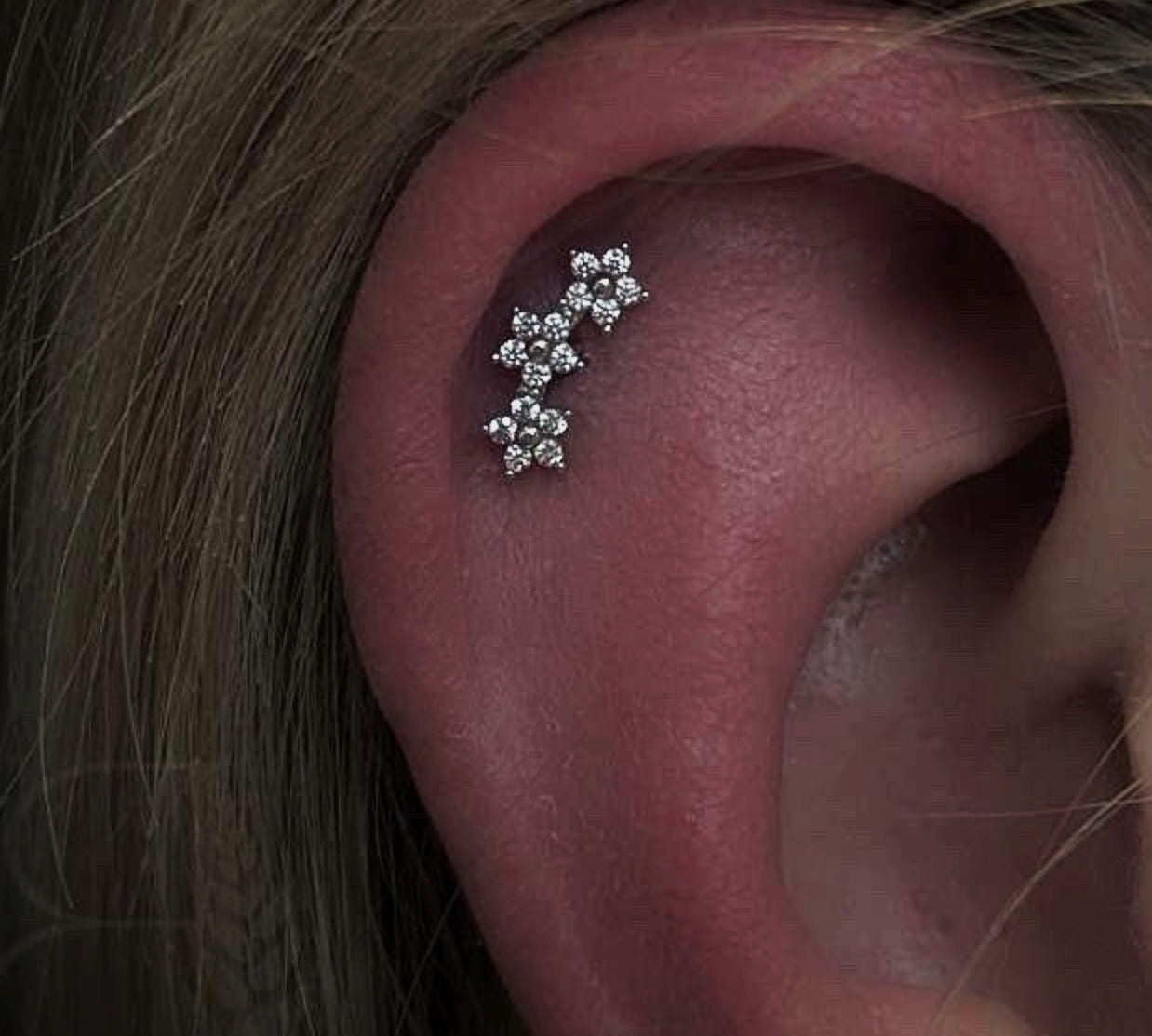 Flores 14k solid white gold triple flower internally threaded single labret stud - Helix & Conch