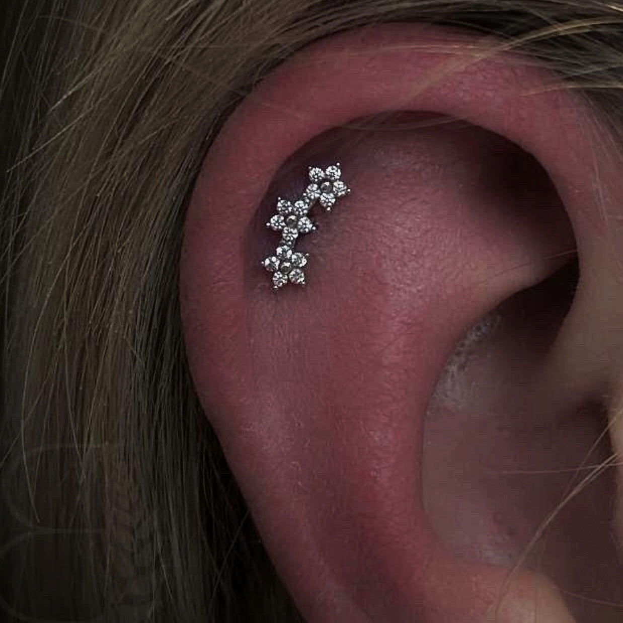 Flores 14k solid white gold triple flower internally threaded single labret stud - Helix & Conch
