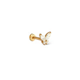 Papillon 14k solid yellow gold crystal butterfly internally threaded crystal labret stud earring