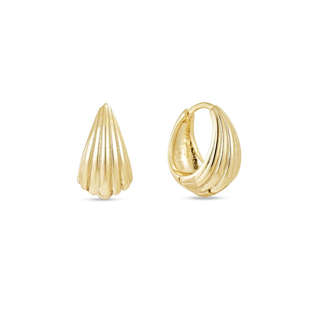 A pair of yellow gold plated domed hoop earrings on a white background.