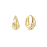 A pair of yellow gold plated domed hoop earrings on a white background.
