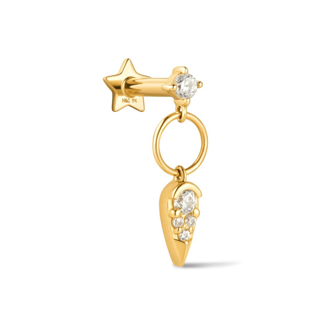 A 9k solid yellow gold double charm drop flat back stud earring with a star-shaped top and a double-looped charm drop adorned with cubic zirconia crystals.
