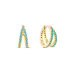 A pair of yellow gold plated hoop earrings with turquoise paving, designed to look like two separate hoop earrings.