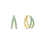 A pair of yellow gold plated hoop earrings with turquoise paving, designed to look like two separate hoop earrings.