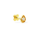 Larme 9k solid yellow gold miligrain teardrop shape internally threaded crystal labret stud earring