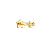 A single 9k solid yellow gold stud earring with a linear arrangement of three cubic zirconia crystals, featuring a reversible star back.