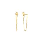 A pair of yellow gold beaded chain stud earrings with butterfly backings, displayed against a white background.