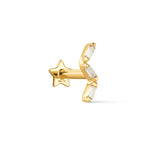 A 9k solid yellow gold zigzag flat back stud earring with three baguette-cut cubic zirconias.