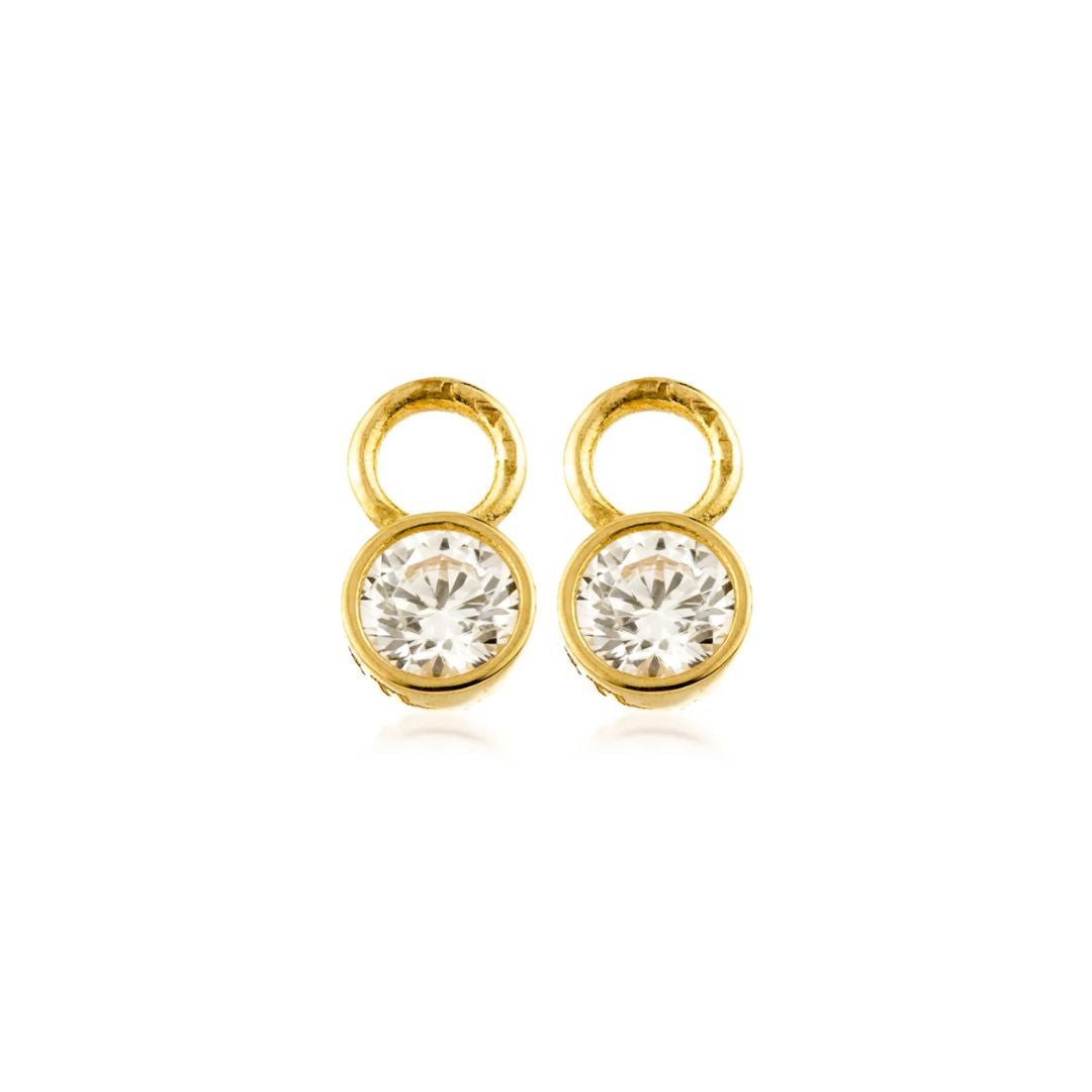 Gold earring charm with clear gemstones on a white background