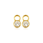 Gold earring charm with clear gemstones on a white background