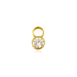 Gold earring charm with a clear gemstone on a white background