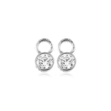 Pair of solid white gold earring charms with clear gemstones on a white background