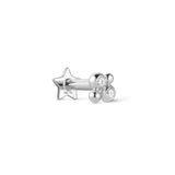 A 9k solid white gold beaded cluster flat back stud earring with a star shape and cubic zirconia crystals.