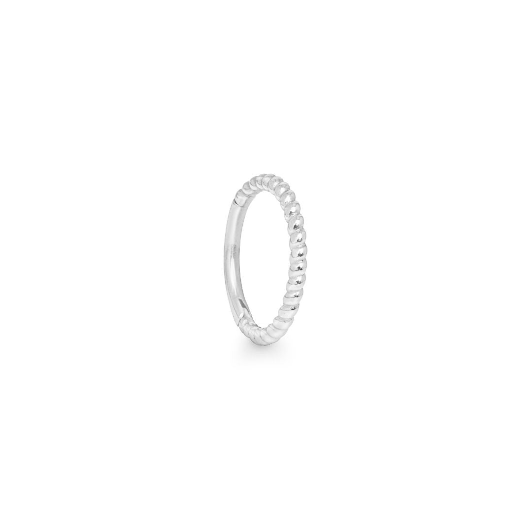 A single 14k solid white gold hoop earring with a twisted braid design, displayed against a white background.