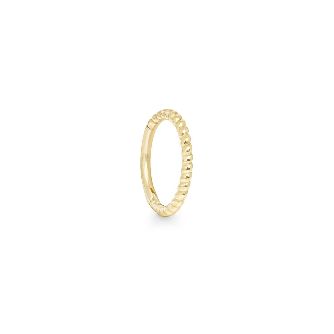 A single 14k solid yellow gold braided hoop earring against a white background.