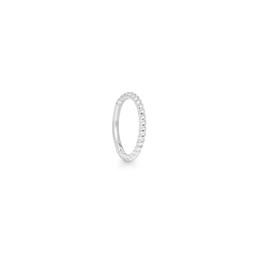 A single 14k solid white gold hoop earring with a twisted braid design, displayed against a white background.