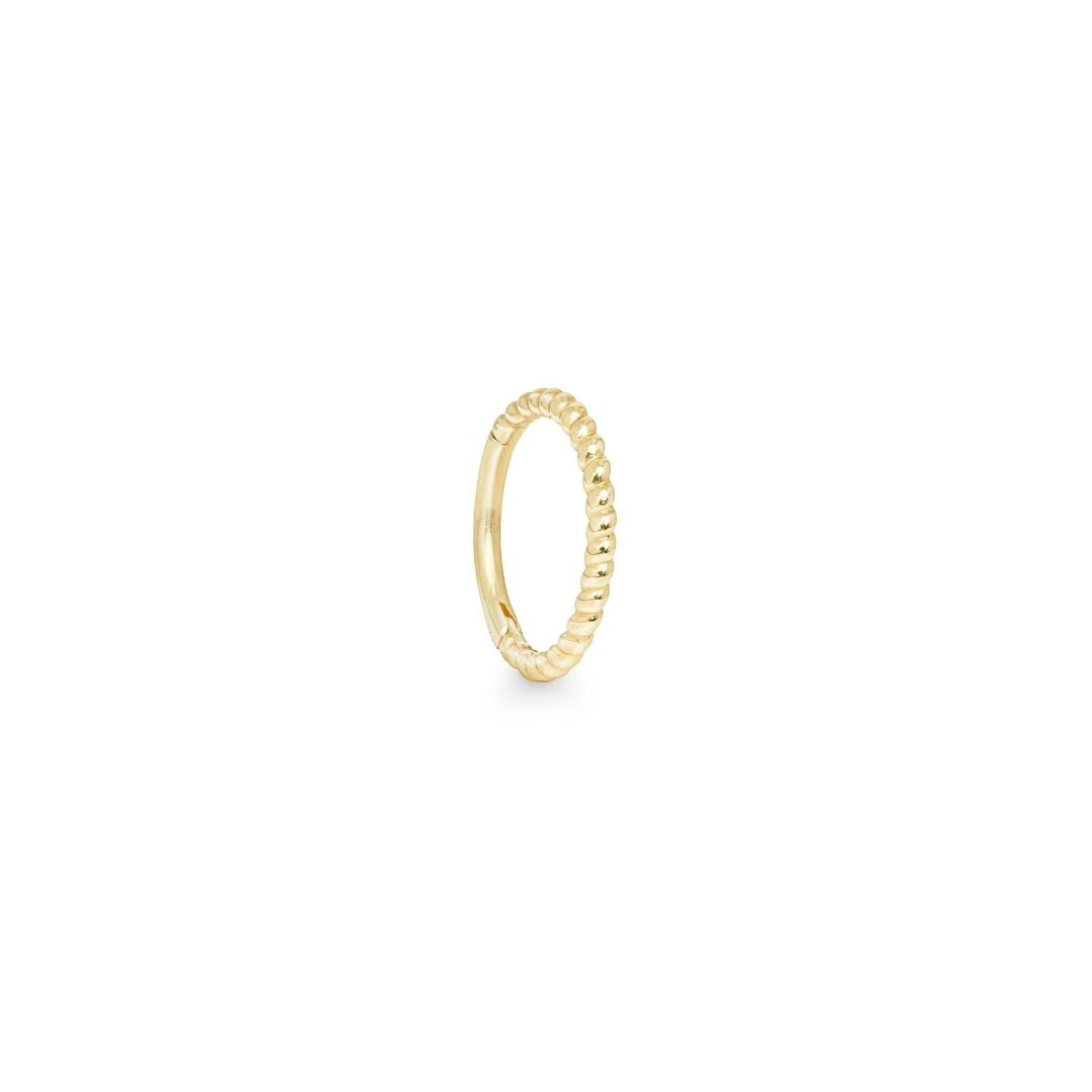 A single 14k solid yellow gold braided hoop earring against a white background.
