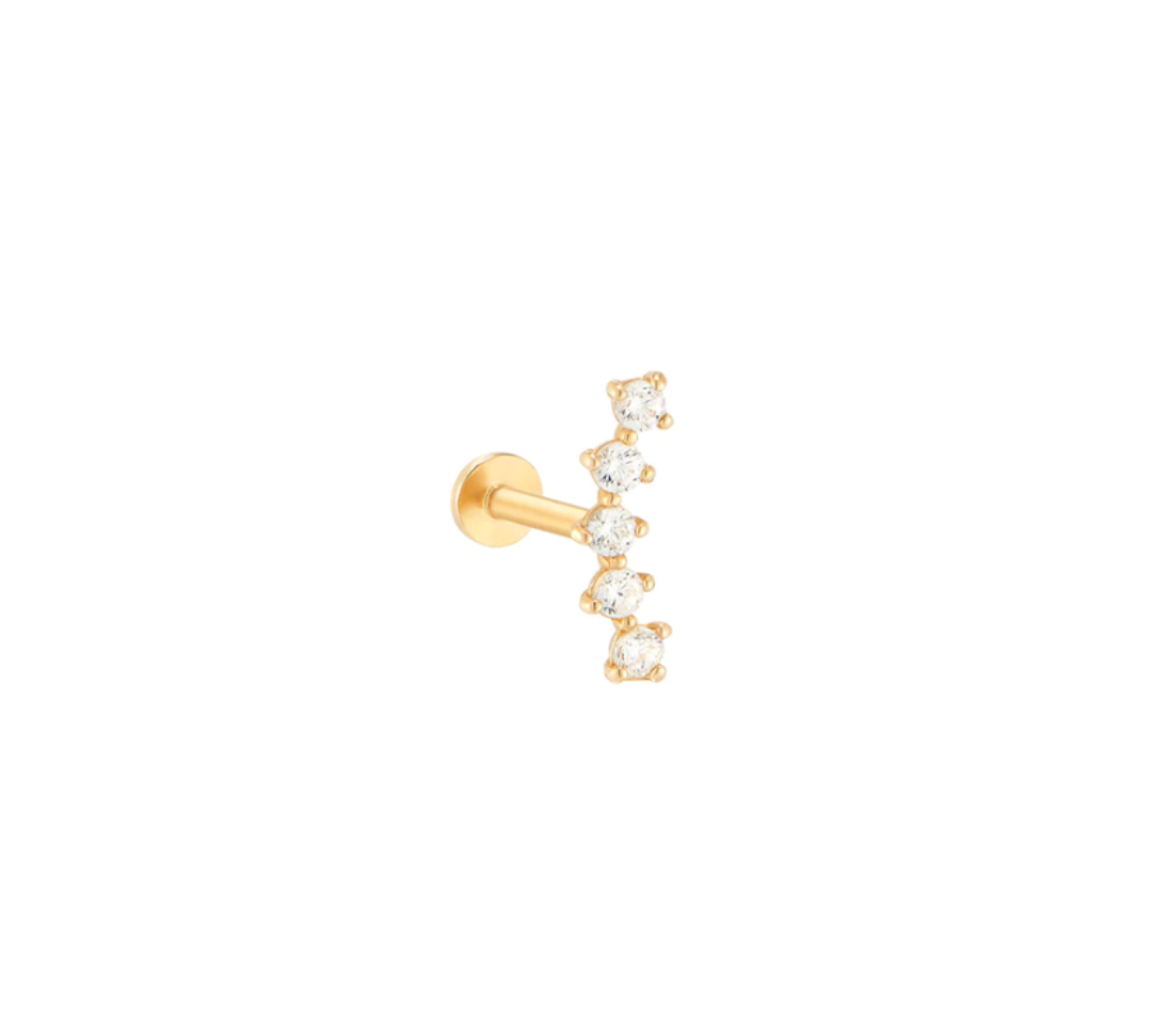 Asteria 14k solid yellow curved cubic zirconia internally threaded single labret stud - Helix & Conch