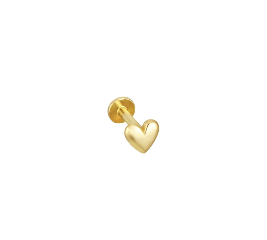 Amour 14k solid yellow gold heart internally threaded single labret stud - Helix & Conch