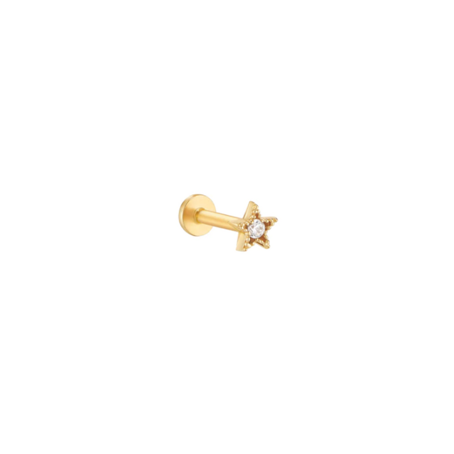 Stellare 14k solid yellow gold star with beaded outline internally threaded single labret stud